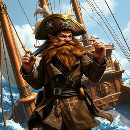 A very dynamic character portrait of a dwarf pirate captain facing left, standing proudly on the deck of his ship