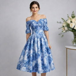 A viral, trendy, blue and white floral dress designed for a wedding guest, featuring a corset-like top with sleeves. The dress illustrates the latest in fashion-forward elegance.