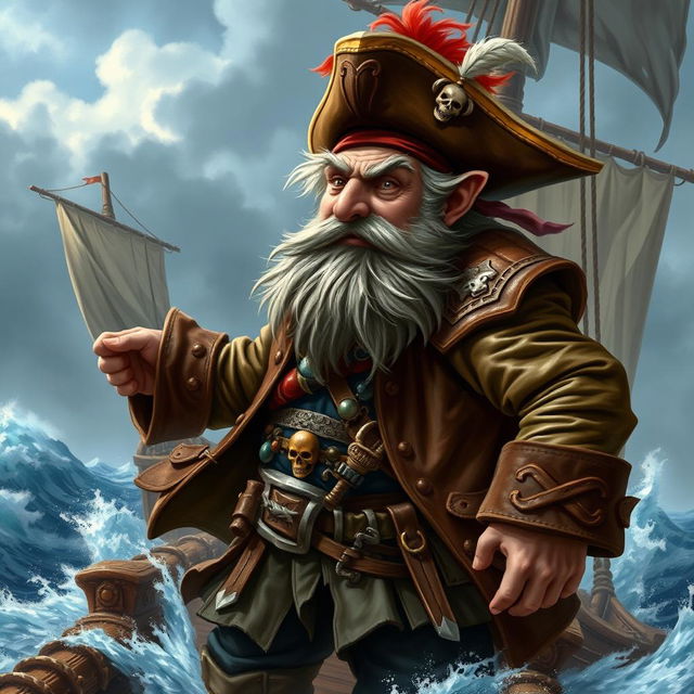 A very dynamic character portrait of a mad dwarf pirate captain facing left, standing energetically on the deck of his ship amidst a stormy sea