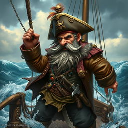 A very dynamic character portrait of a mad dwarf pirate captain facing left, standing energetically on the deck of his ship amidst a stormy sea