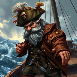 A very dynamic character portrait of a mad dwarf pirate captain facing left, standing energetically on the deck of his ship amidst a stormy sea