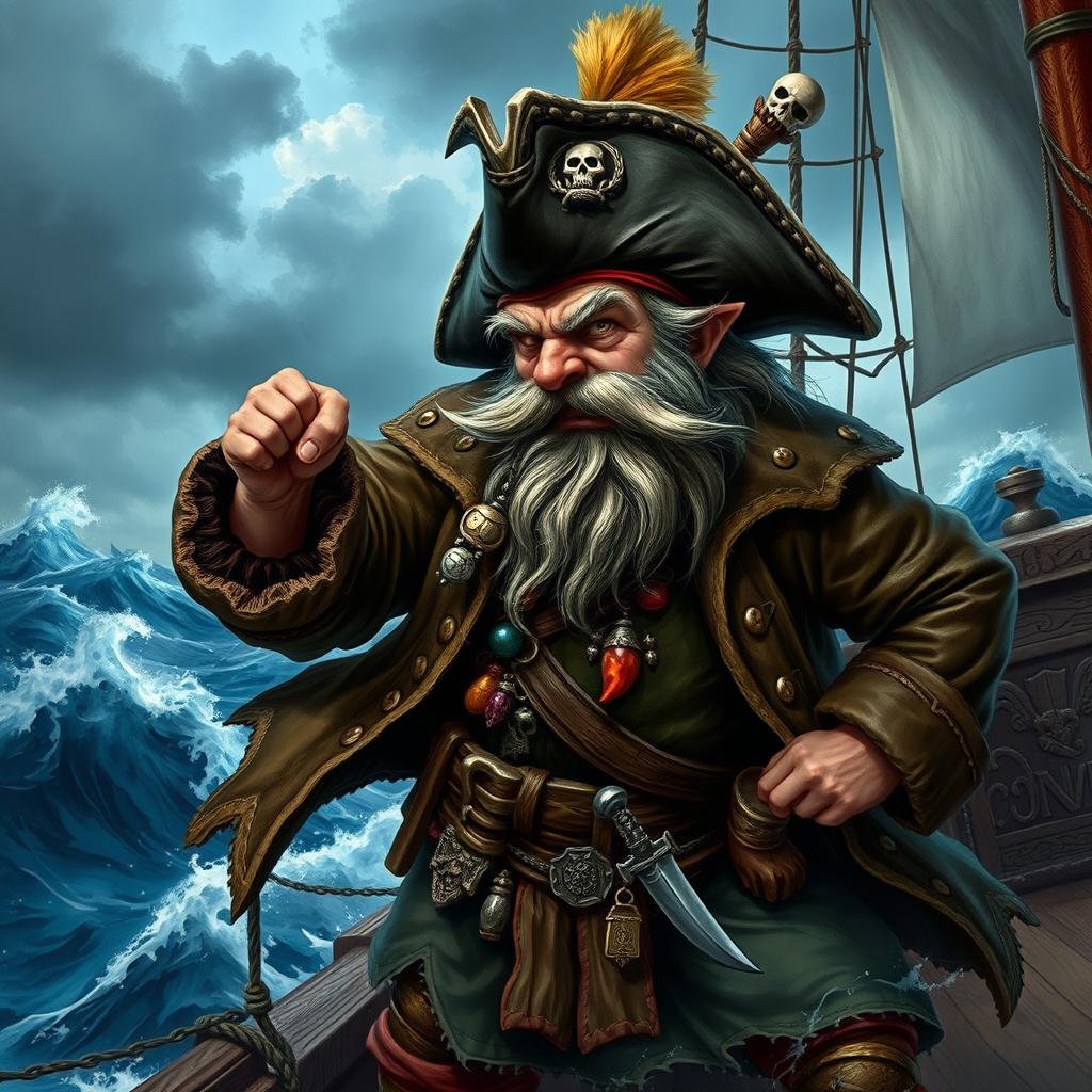 A very dynamic character portrait of a mad dwarf pirate captain facing left, standing energetically on the deck of his ship amidst a stormy sea