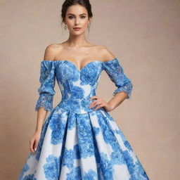 A viral, trendy, blue and white floral dress designed for a wedding guest, featuring a corset-like top with sleeves. The dress illustrates the latest in fashion-forward elegance.