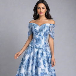 A viral, trendy, blue and white floral dress designed for a wedding guest, featuring a corset-like top with sleeves. The dress illustrates the latest in fashion-forward elegance.