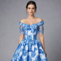 A viral, trendy, blue and white floral dress designed for a wedding guest, featuring a corset-like top with sleeves. The dress illustrates the latest in fashion-forward elegance.