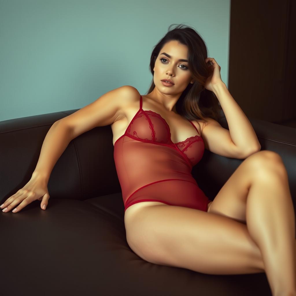 A woman lounges on a modern leather couch, wearing transparent lingerie in a deep red shade