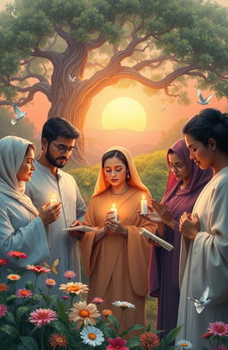 A serene and focused scene depicting a group of diverse individuals engaged in strategic prayer, each holding a symbolic item such as a candle or a small scroll