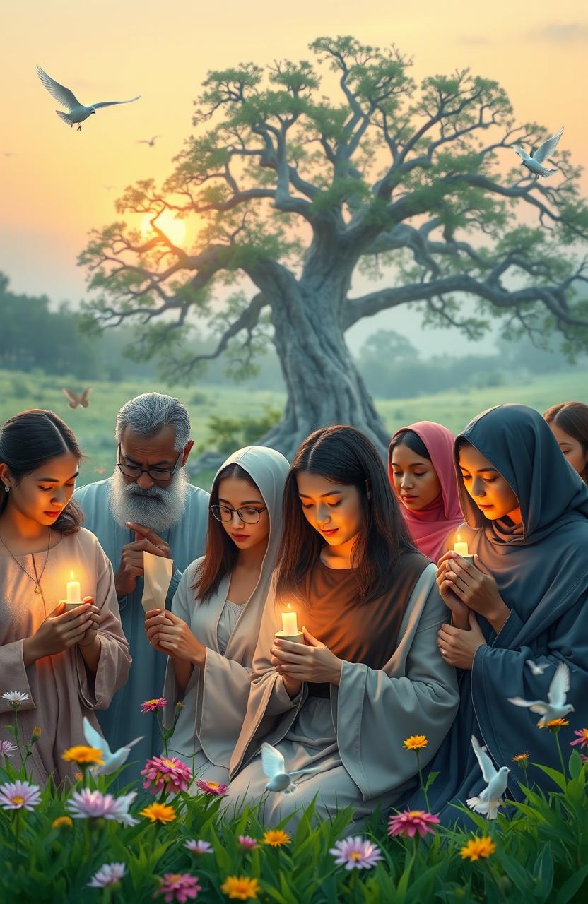 A serene and focused scene depicting a group of diverse individuals engaged in strategic prayer, each holding a symbolic item such as a candle or a small scroll