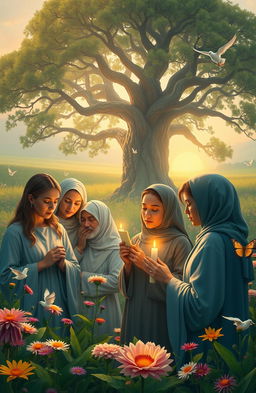 A serene and focused scene depicting a group of diverse individuals engaged in strategic prayer, each holding a symbolic item such as a candle or a small scroll