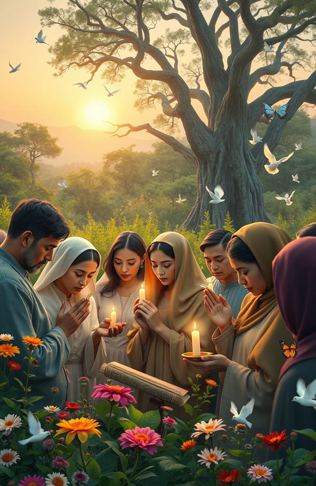 A serene and focused scene depicting a group of diverse individuals engaged in strategic prayer, each holding a symbolic item such as a candle or a small scroll