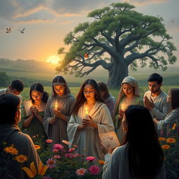 A serene and focused scene depicting a group of diverse individuals engaged in strategic prayer, each holding a symbolic item such as a candle or a small scroll