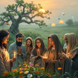 A serene and focused scene depicting a group of diverse individuals engaged in strategic prayer, each holding a symbolic item such as a candle or a small scroll