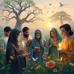 A serene and focused scene depicting a group of diverse individuals engaged in strategic prayer, each holding a symbolic item such as a candle or a small scroll
