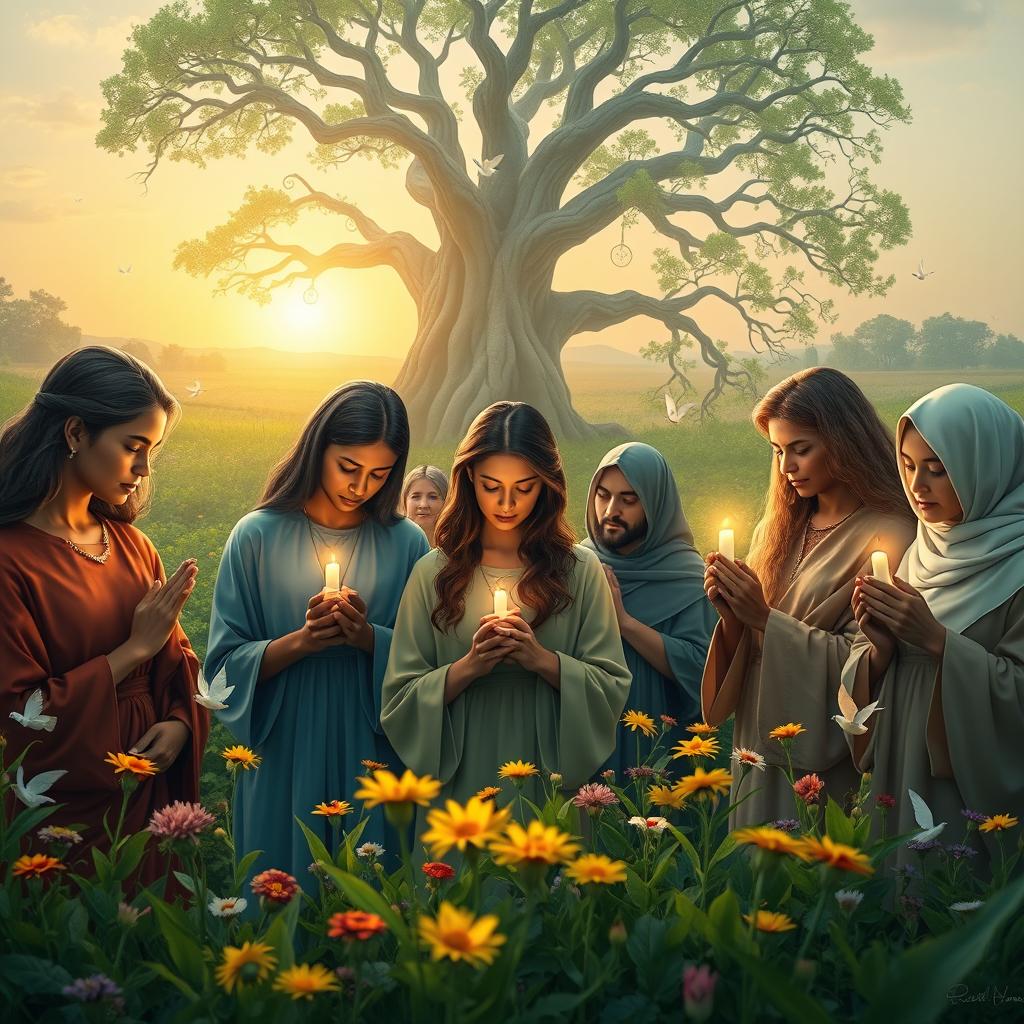 A serene and focused scene depicting a group of diverse individuals engaged in strategic prayer, each holding a symbolic item such as a candle or a small scroll