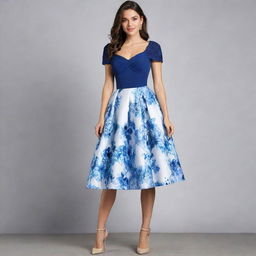 A viral and trendy, blue and white floral dress for a wedding guest, featuring a corset-like top with short sleeves. This fashion-forward dress captures the essence of modern elegance.