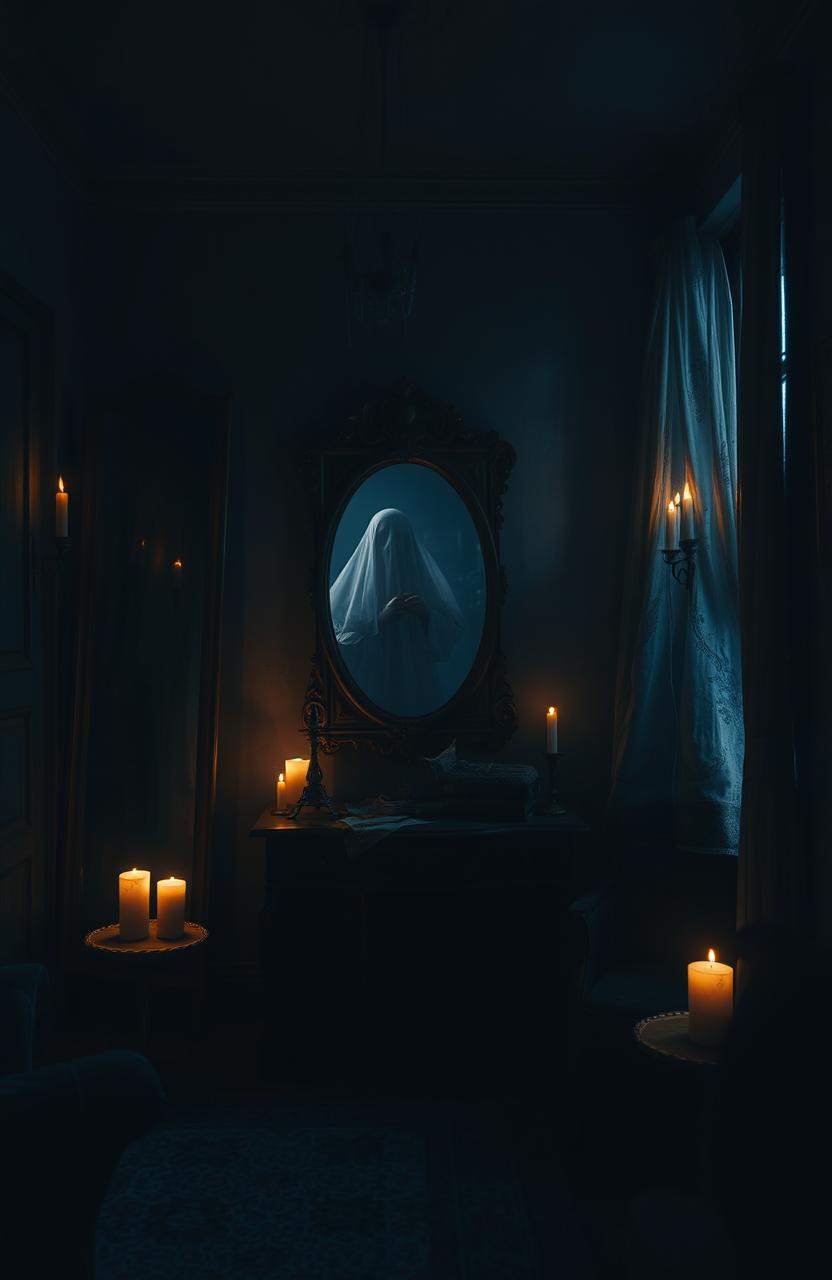 A hauntingly atmospheric ghost room, dimly lit with flickering candles and eerie shadows cast on the walls