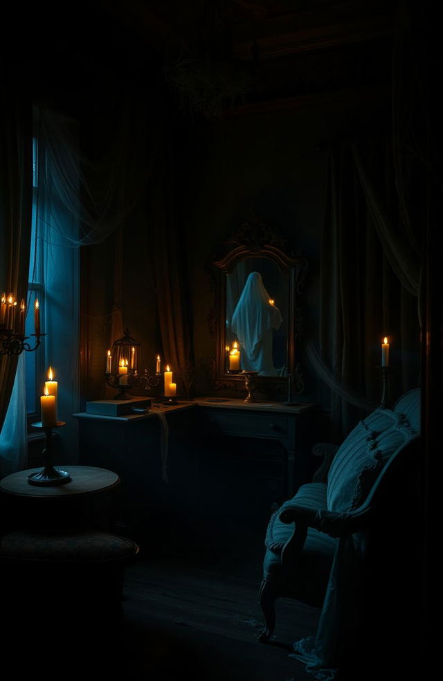 A hauntingly atmospheric ghost room, dimly lit with flickering candles and eerie shadows cast on the walls