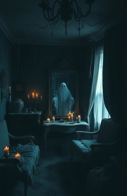 A hauntingly atmospheric ghost room, dimly lit with flickering candles and eerie shadows cast on the walls