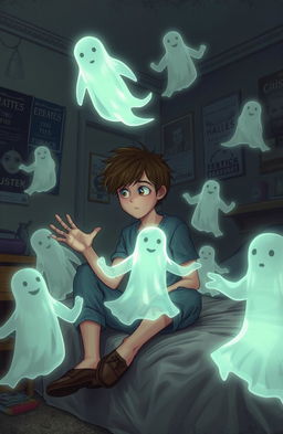 A young teenage boy with tousled hair, sitting on the edge of his bed, deep in thought, surrounded by ethereal, glowing ghostly figures appearing around him