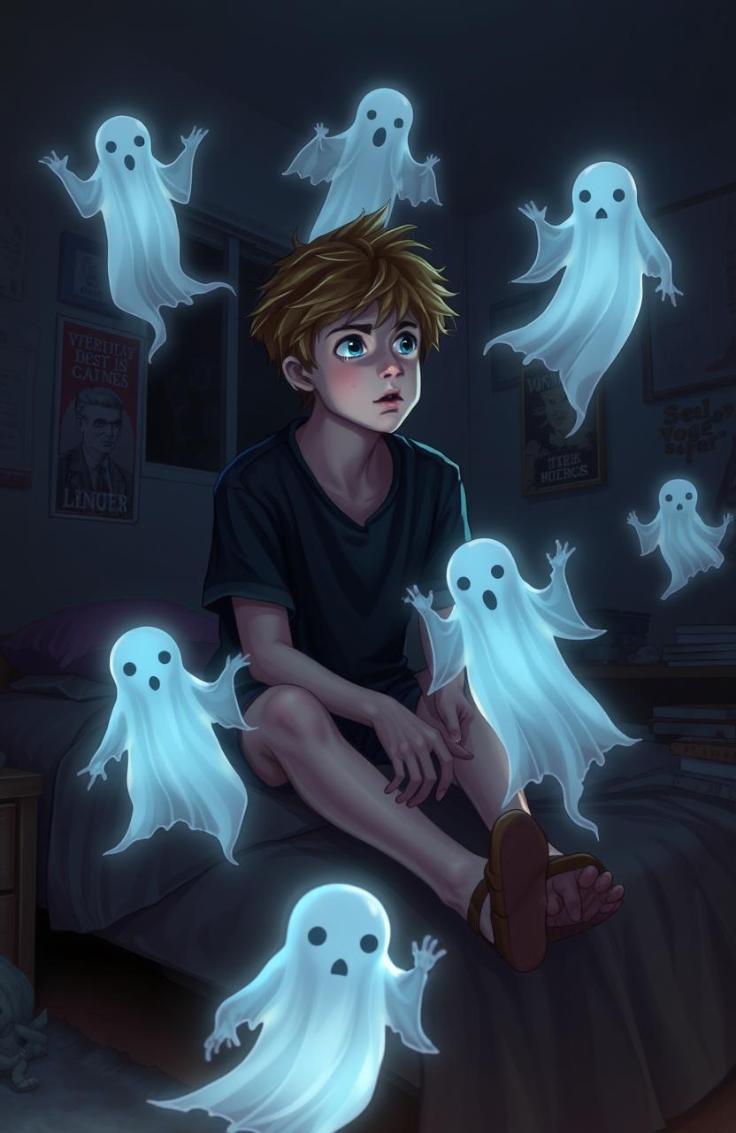 A young teenage boy with tousled hair, sitting on the edge of his bed, deep in thought, surrounded by ethereal, glowing ghostly figures appearing around him