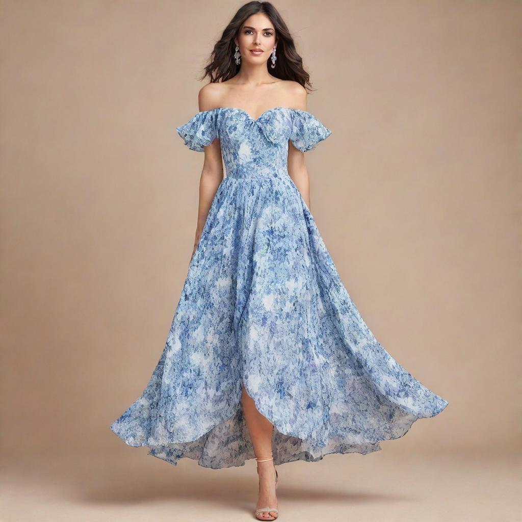 A viral and trendy, long, flowy, blue and white floral dress for a wedding guest, featuring a corset-like top with short sleeves. This dress represents the epitome of contemporary elegance.