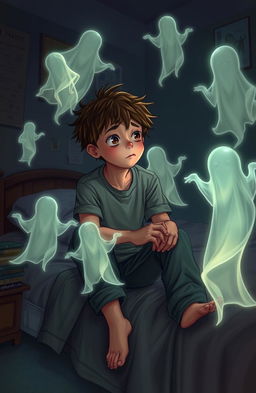 A young teenage boy with tousled hair, sitting on the edge of his bed, deep in thought, surrounded by ethereal, glowing ghostly figures appearing around him