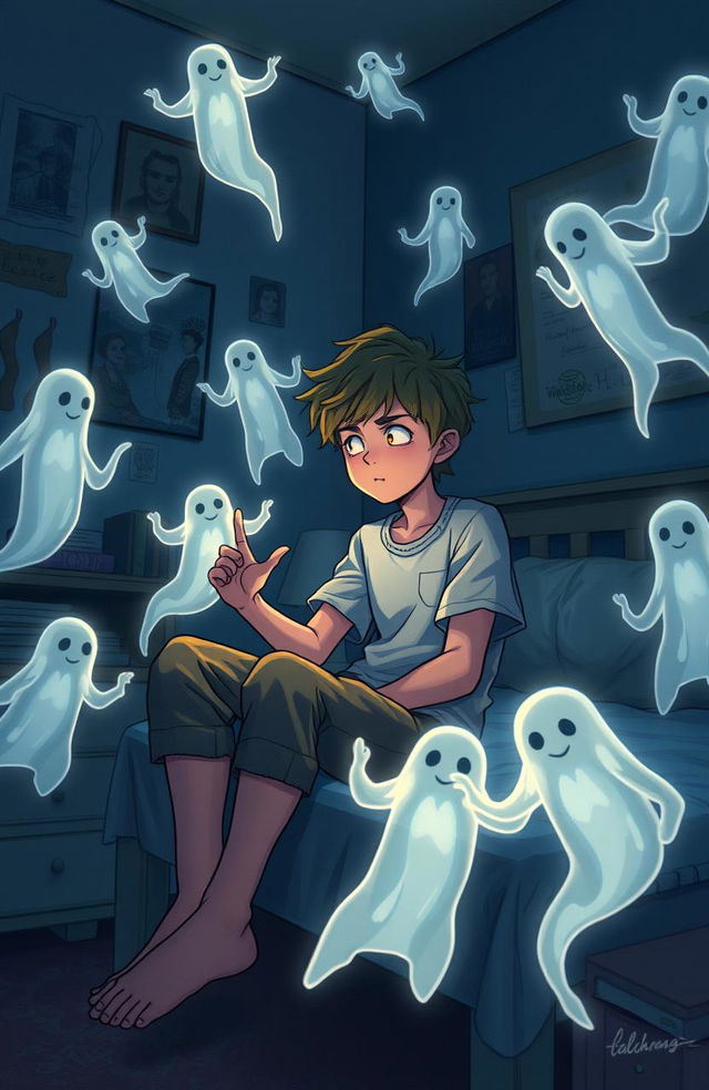 A young teenage boy with tousled hair, sitting on the edge of his bed, deep in thought, surrounded by ethereal, glowing ghostly figures appearing around him