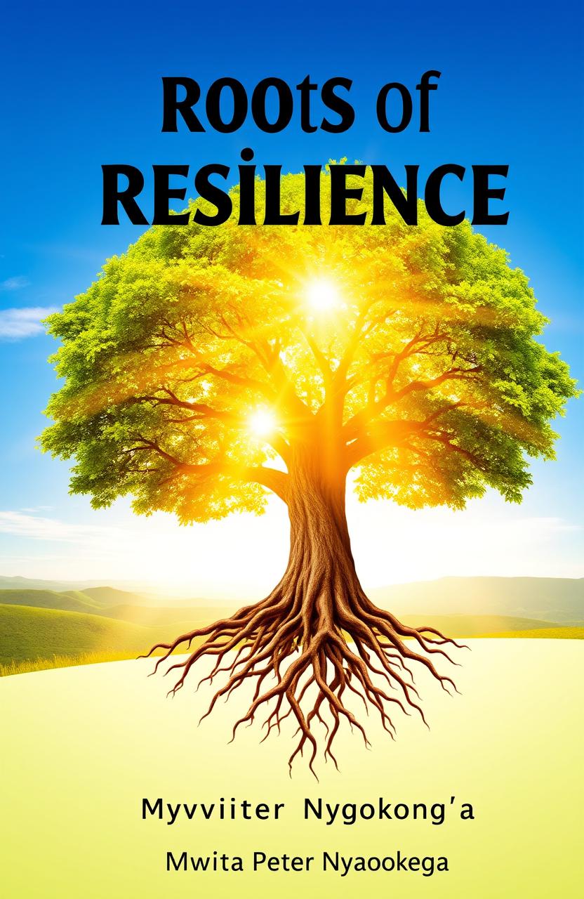 An inspiring book cover design for 'Roots of Resilience' by Mwita Peter Nyagokong'a