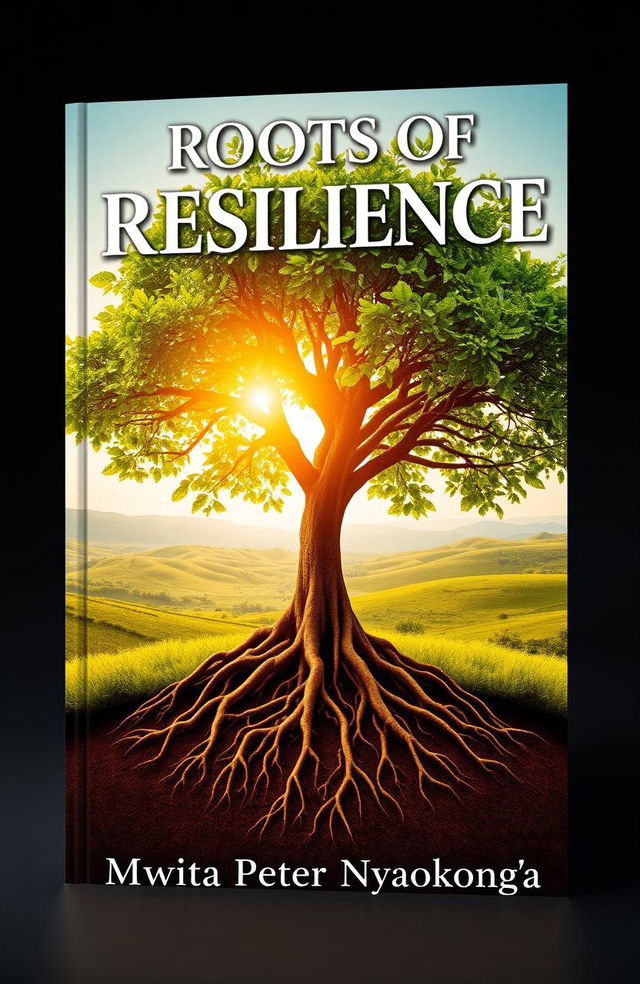 An inspiring book cover design for 'Roots of Resilience' by Mwita Peter Nyagokong'a