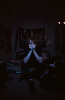 A moody teenage bedroom with dim, vague lighting creating an atmospheric ambiance