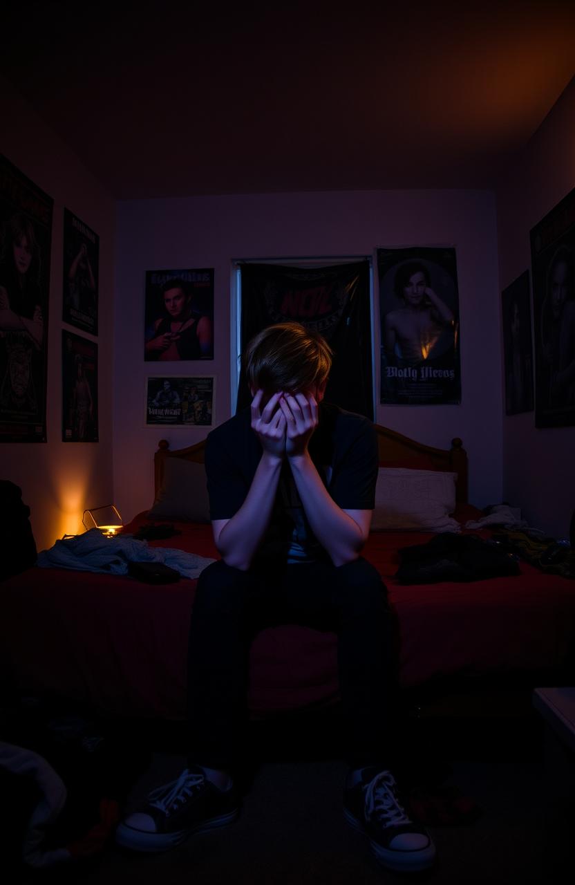 A moody teenage bedroom with dim, vague lighting creating an atmospheric ambiance