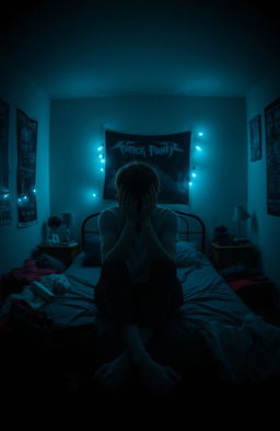 A moody teenage bedroom with dim, vague lighting creating an atmospheric ambiance