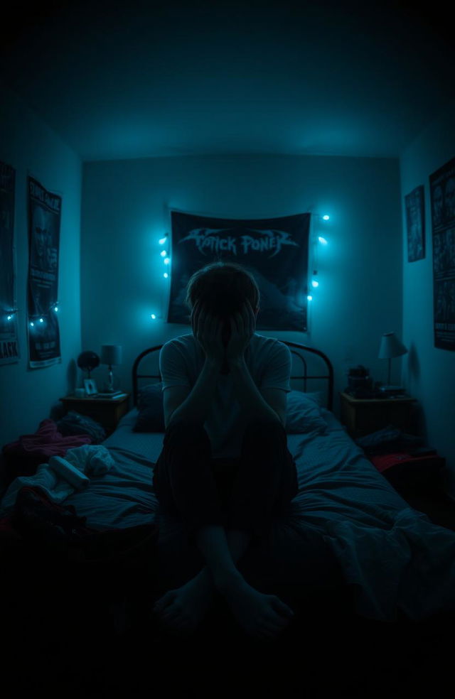 A moody teenage bedroom with dim, vague lighting creating an atmospheric ambiance