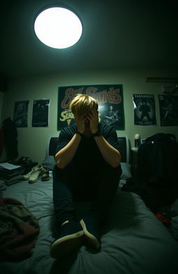 A moody teenage bedroom with dim, vague lighting creating an atmospheric ambiance