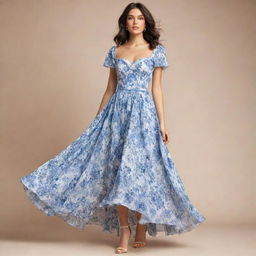 A viral and trendy, long, flowy, blue and white floral dress for a wedding guest, featuring a corset-like top with short sleeves. This dress represents the epitome of contemporary elegance.