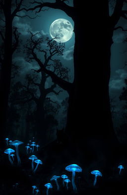 A mysterious and atmospheric scene set in a dark, enchanted forest