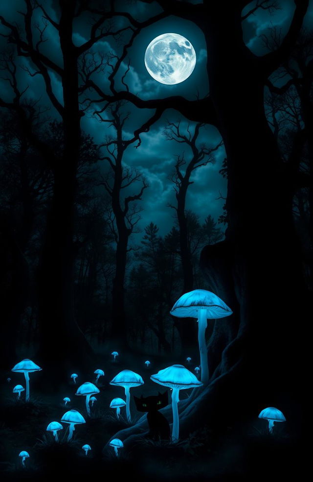 A mysterious and atmospheric scene set in a dark, enchanted forest