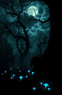 A mysterious and atmospheric scene set in a dark, enchanted forest