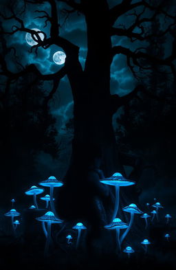 A mysterious and atmospheric scene set in a dark, enchanted forest