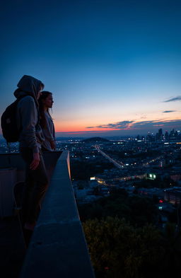 A dramatic scene of a teenager poised at the edge of a rooftop, looking out over a vibrant city skyline at sunset