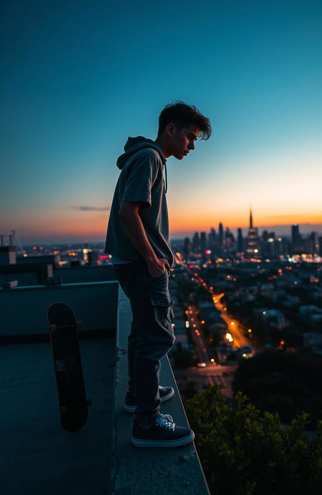 A dramatic scene of a teenager poised at the edge of a rooftop, looking out over a vibrant city skyline at sunset