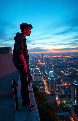 A dramatic scene of a teenager poised at the edge of a rooftop, looking out over a vibrant city skyline at sunset