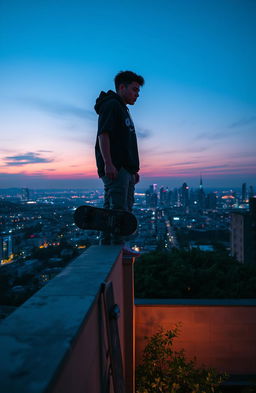 A dramatic scene of a teenager poised at the edge of a rooftop, looking out over a vibrant city skyline at sunset