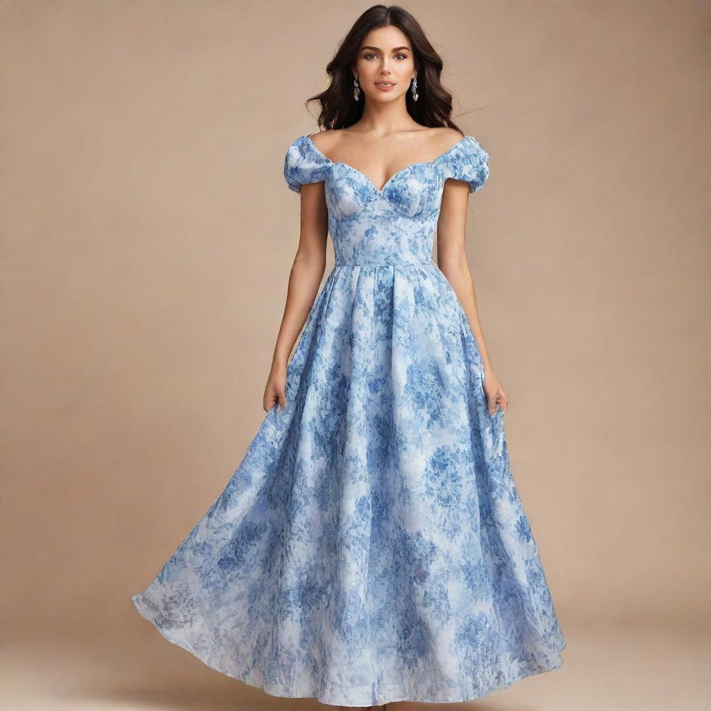 A viral and trendy, long, flowy, blue and white floral dress for a wedding guest, featuring a corset-like top with short sleeves. This dress represents the epitome of contemporary elegance.