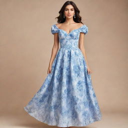 A viral and trendy, long, flowy, blue and white floral dress for a wedding guest, featuring a corset-like top with short sleeves. This dress represents the epitome of contemporary elegance.