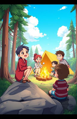 An anime scene featuring a young boy sitting on a rock, gazing happily at a joyful family camping nearby