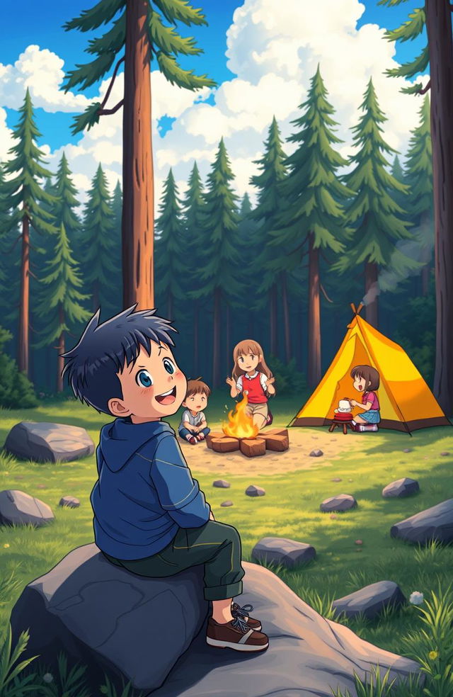 An anime scene featuring a young boy sitting on a rock, gazing happily at a joyful family camping nearby