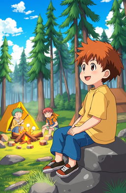 An anime scene featuring a young boy sitting on a rock, gazing happily at a joyful family camping nearby