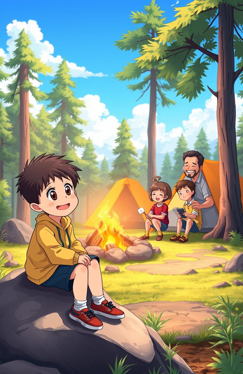 An anime scene featuring a young boy sitting on a rock, gazing happily at a joyful family camping nearby