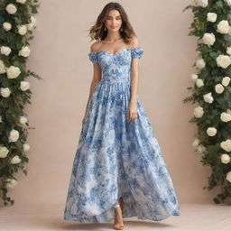 A viral and trendy, long, flowy, blue and white floral dress for a wedding guest, featuring a corset-like top with short sleeves. This dress represents the epitome of contemporary elegance.